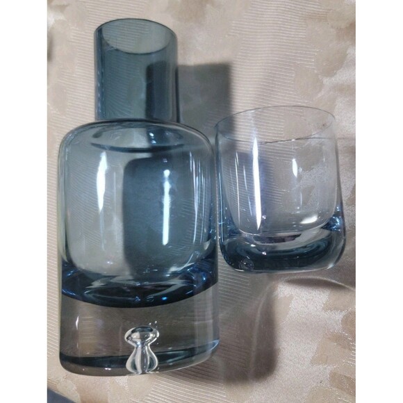 VTG Krosno Poland Blue Blown Glass Decanter Tumble Up Bedside Carafe Bubble MCM - Picture 12 of 16